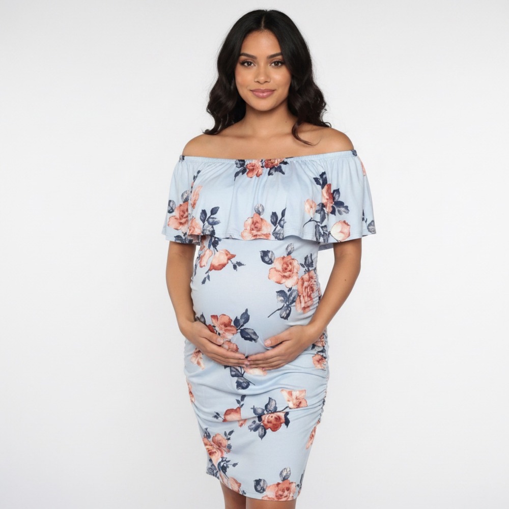 NWT PinkBlush Maternity Blue Floral Off the Shoulder Dress‎ Sz Med Whimsy Ruched